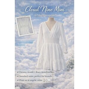 GB Cloud Nine Mini Dress White Swiss‎ Dot Smocked Waist Tiered Ruffle Boho Small